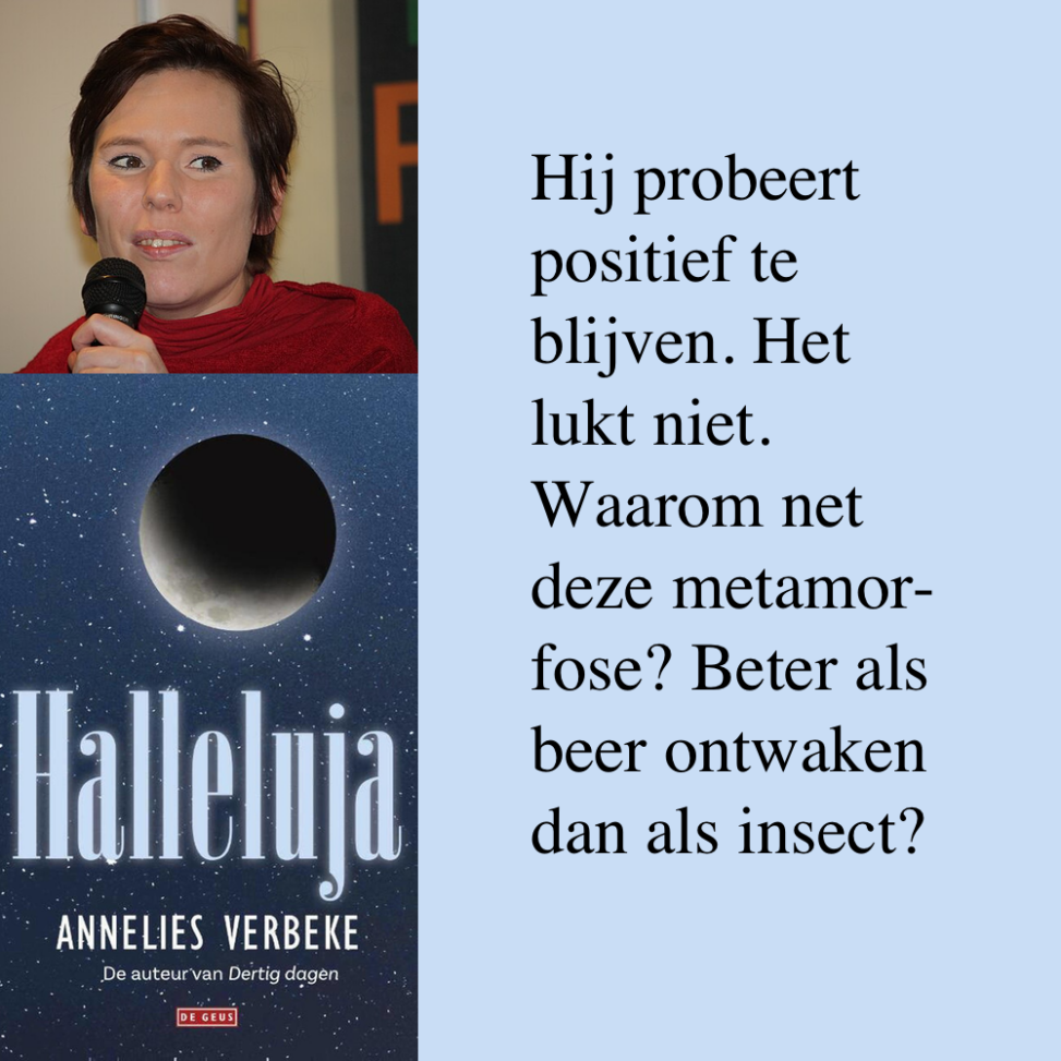 Omslag van Annelies Verbeke's verhalenbundel 'Halleluja', haar portret en een citaat.