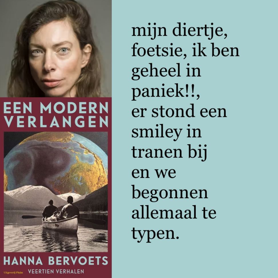 Collage van portret schrijver Hanna Bervoets, cover van haar verhalenbundel en een citaat uit het verhaal 'Een van ons'.
