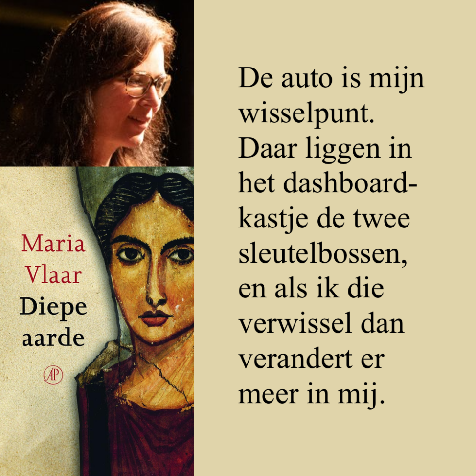 Boek-cover 'Diepe aarde', portret Maria Vlaar en citaat uit verhaal